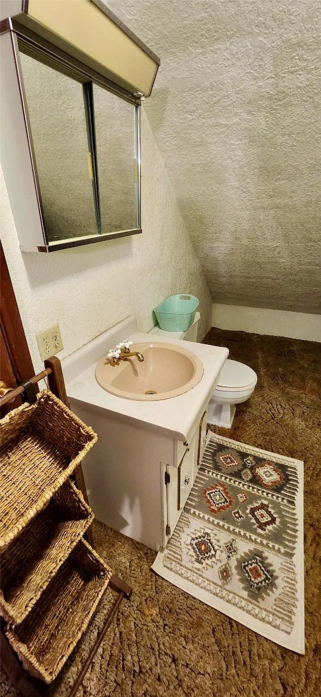 bathroom featuring vanity, vaulted ceiling, and toilet