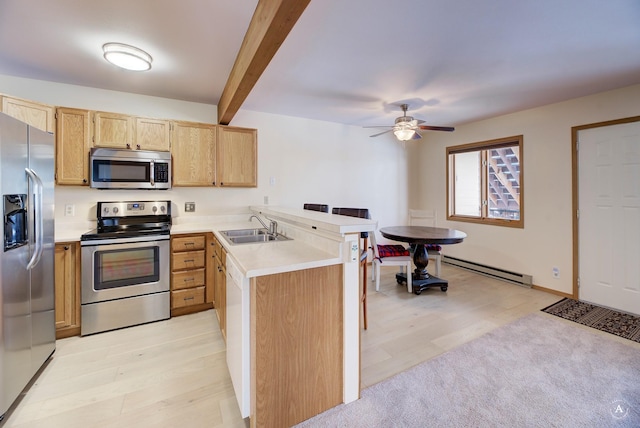 kitchen featuring sink, beam ceiling, kitchen peninsula, stainless steel appliances, and light brown cabinets