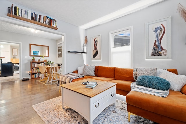 living room featuring washer / clothes dryer and light hardwood / wood-style flooring