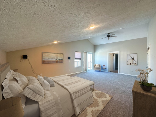 carpeted bedroom with lofted ceiling, a textured ceiling, and ceiling fan