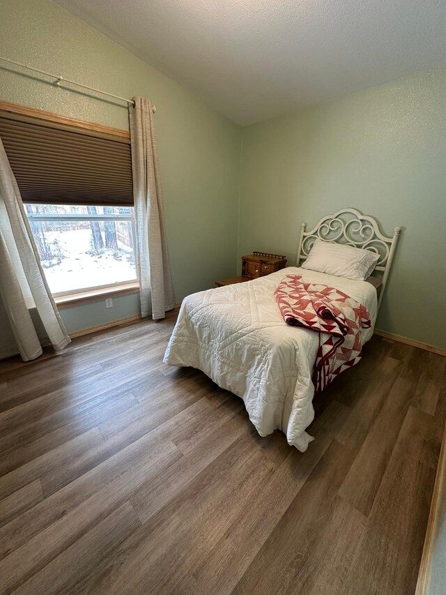 bedroom with a walk in closet, dark hardwood / wood-style flooring, and a closet