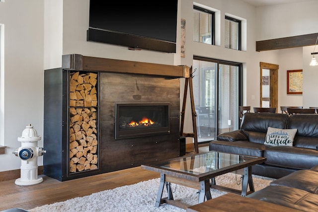 living room featuring a high ceiling, hardwood / wood-style flooring, and a healthy amount of sunlight