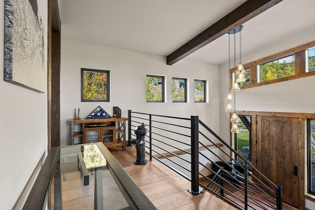 staircase featuring hardwood / wood-style floors and beam ceiling