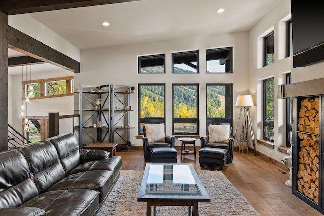 living room with beam ceiling and wood-type flooring