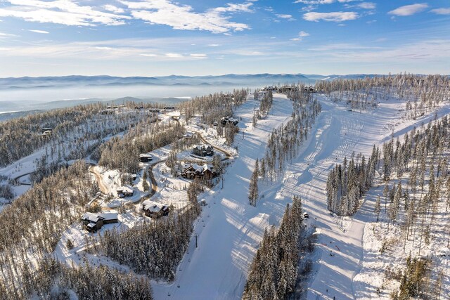 snowy aerial view with a mountain view