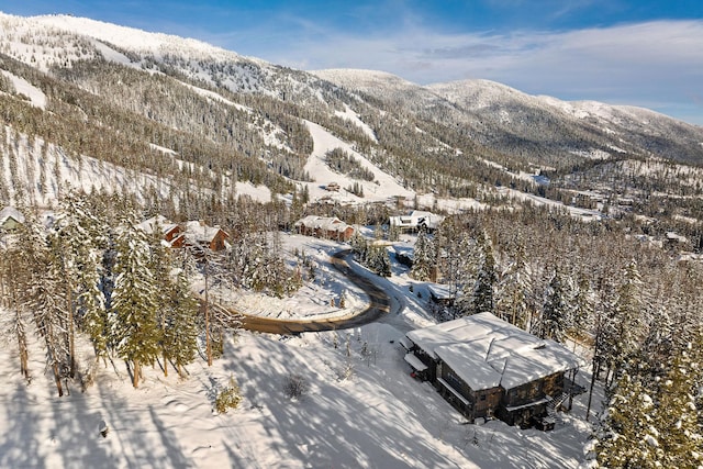 snowy aerial view with a mountain view