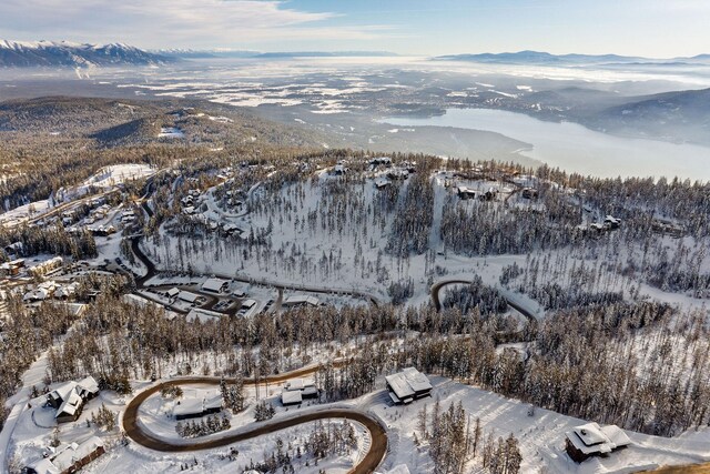 snowy aerial view with a mountain view