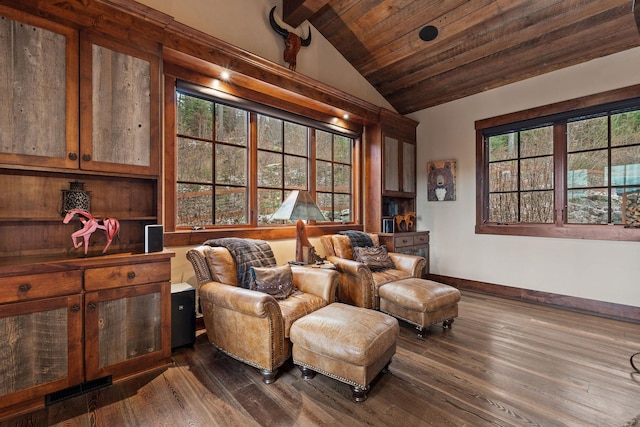 living area with wooden ceiling, dark hardwood / wood-style floors, and lofted ceiling