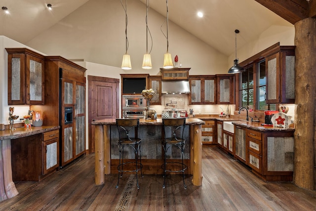 kitchen featuring sink, stainless steel appliances, a center island, and ventilation hood