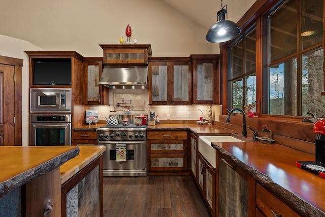 kitchen featuring extractor fan, dark wood-type flooring, stainless steel appliances, sink, and backsplash