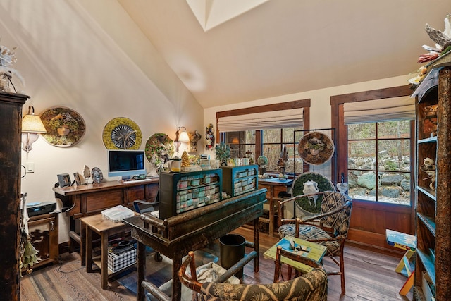 misc room with hardwood / wood-style flooring and lofted ceiling