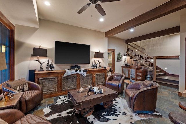 living room with beamed ceiling and ceiling fan