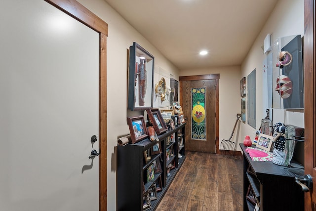 entryway featuring electric panel and dark hardwood / wood-style floors