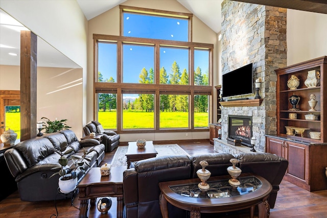 living room with a stone fireplace, dark wood-type flooring, and high vaulted ceiling