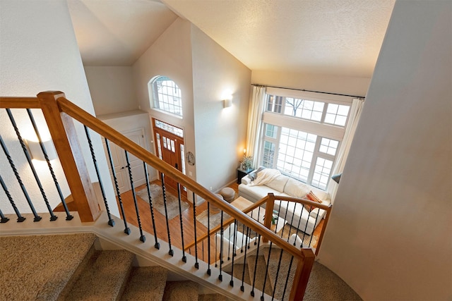 stairs featuring a textured ceiling and carpet flooring