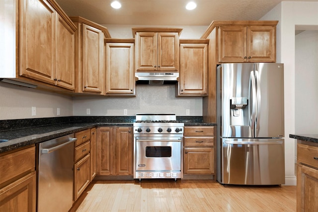 kitchen featuring light hardwood / wood-style floors, stainless steel appliances, and dark stone countertops