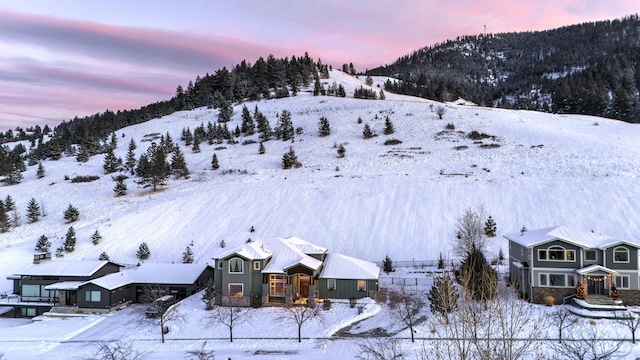 snowy aerial view with a mountain view