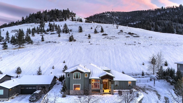 snowy aerial view with a mountain view