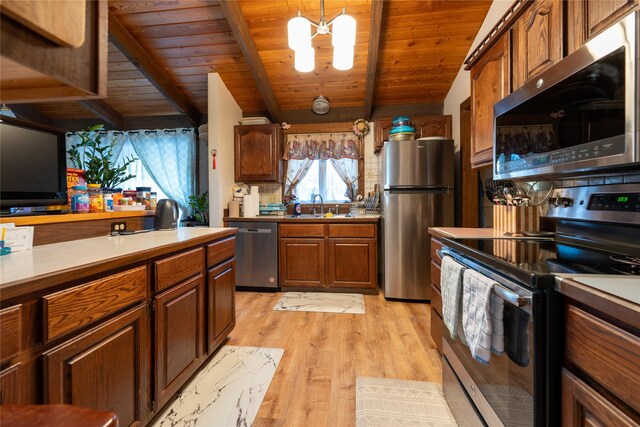 kitchen featuring pendant lighting, light wood-type flooring, beam ceiling, wooden ceiling, and stainless steel appliances