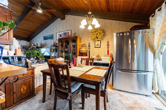 dining room with wood ceiling, ceiling fan with notable chandelier, light colored carpet, and lofted ceiling with beams