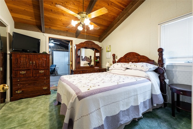 bedroom featuring ceiling fan, carpet floors, lofted ceiling with beams, and wood ceiling