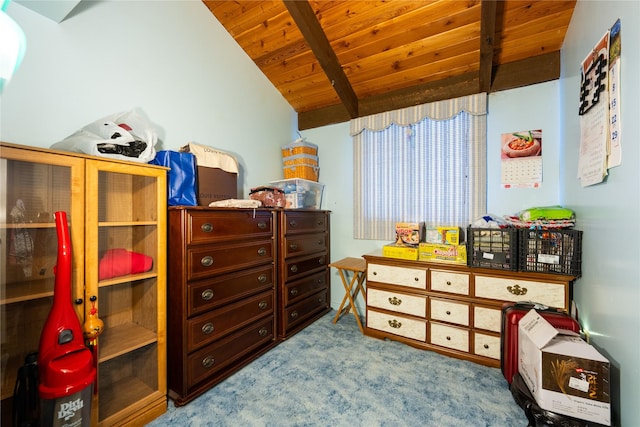 bedroom with wood ceiling, light colored carpet, and lofted ceiling with beams