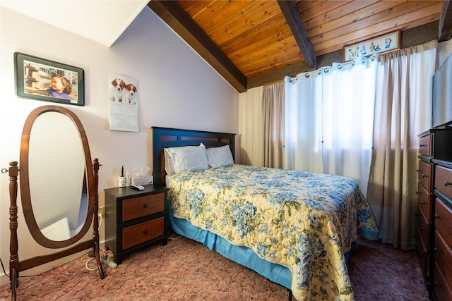 carpeted bedroom with vaulted ceiling with beams and wood ceiling