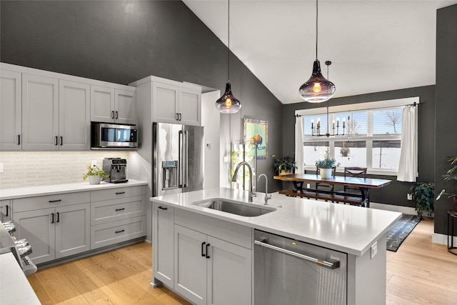 kitchen featuring lofted ceiling, sink, hanging light fixtures, an island with sink, and stainless steel appliances