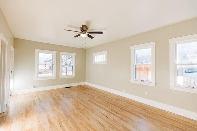 spare room featuring ceiling fan and light hardwood / wood-style floors