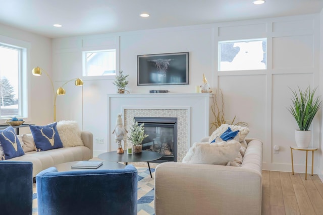 living room featuring a fireplace and light wood-type flooring