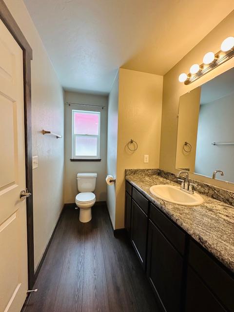 bathroom featuring wood-type flooring, toilet, and vanity