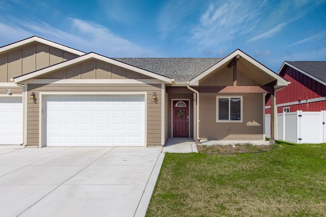 ranch-style house with driveway, a garage, a shingled roof, and board and batten siding