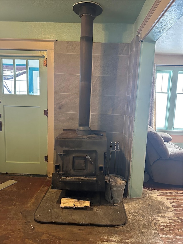 room details featuring a wood stove