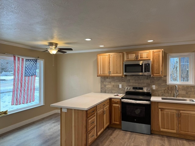 kitchen featuring sink, backsplash, light hardwood / wood-style floors, kitchen peninsula, and stainless steel appliances