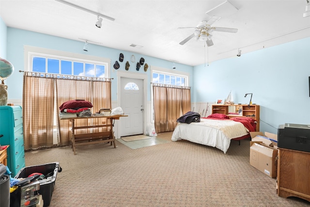 bedroom with ceiling fan, rail lighting, carpet floors, and multiple windows