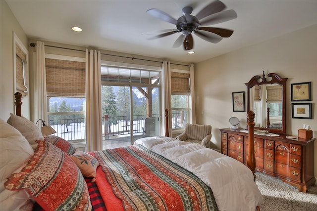 carpeted bedroom with access to outside and ceiling fan