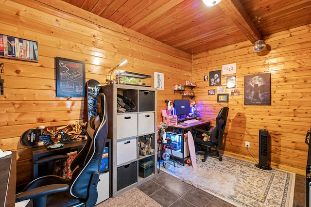 tiled office with wood ceiling, beamed ceiling, and wood walls