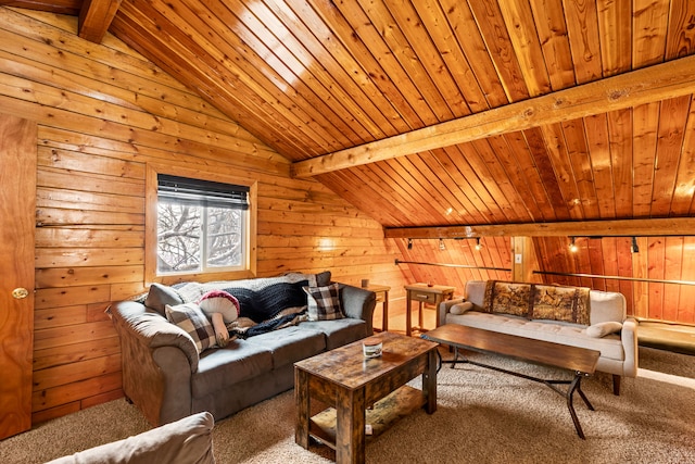 carpeted living room featuring wood ceiling, wooden walls, and lofted ceiling with beams