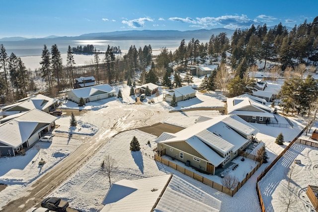 snowy aerial view featuring a mountain view