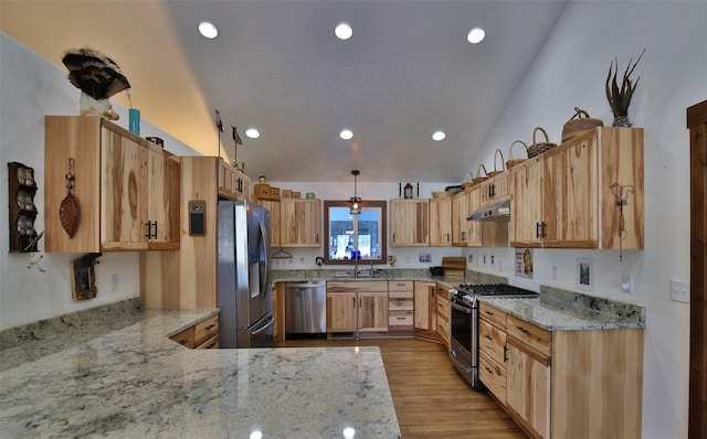 kitchen with vaulted ceiling, appliances with stainless steel finishes, hanging light fixtures, light stone countertops, and light hardwood / wood-style flooring