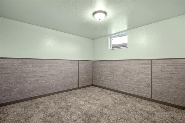 basement with a textured ceiling and carpet flooring