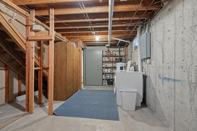 basement with washer / clothes dryer and electric panel