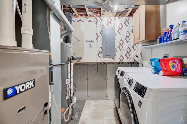 laundry area featuring separate washer and dryer, heating unit, electric panel, and cabinets