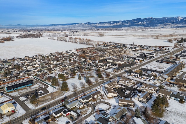 snowy aerial view with a residential view and a mountain view