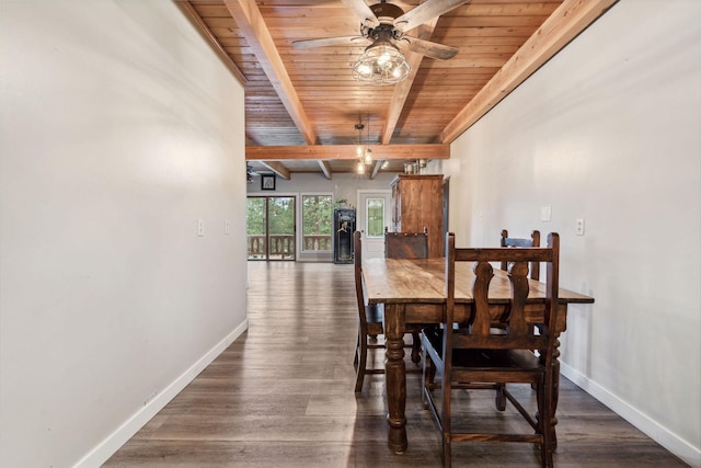 dining space featuring ceiling fan, dark wood-type flooring, wooden ceiling, and beamed ceiling