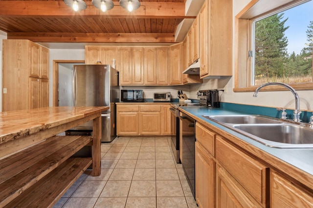 kitchen with sink, light tile patterned floors, black appliances, wooden ceiling, and beam ceiling