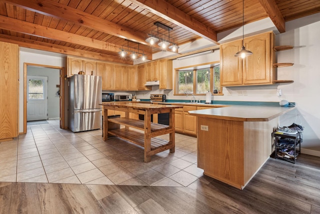 kitchen featuring sink, wood ceiling, decorative light fixtures, kitchen peninsula, and stainless steel appliances