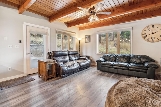 living room featuring beam ceiling, wood-type flooring, a healthy amount of sunlight, and wood ceiling