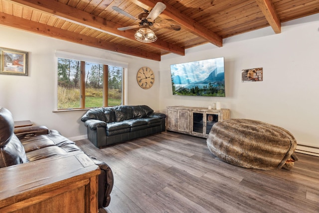 living room with beam ceiling, hardwood / wood-style floors, wood ceiling, and ceiling fan