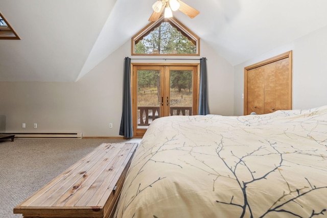 bedroom featuring vaulted ceiling, a baseboard radiator, access to outside, ceiling fan, and light carpet